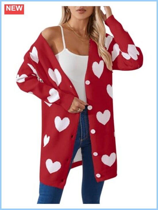 Sweaters - Cable Knit Button Down Heart Cardigan Long Sleeve V-Neck Loose Fit Casual